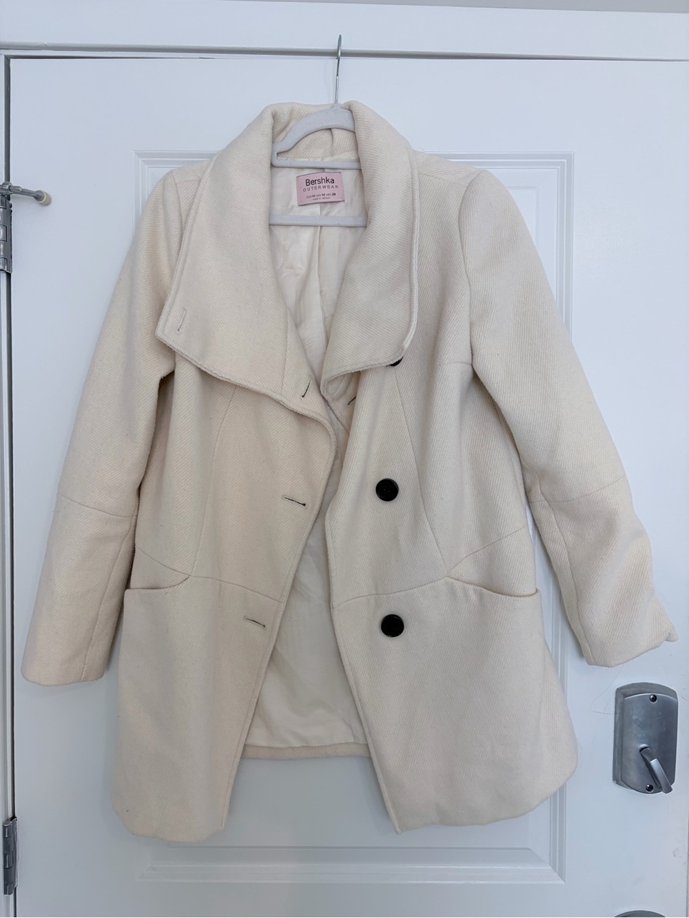 Bershka Cream Double-Breasted Pea Coat with Black Buttons